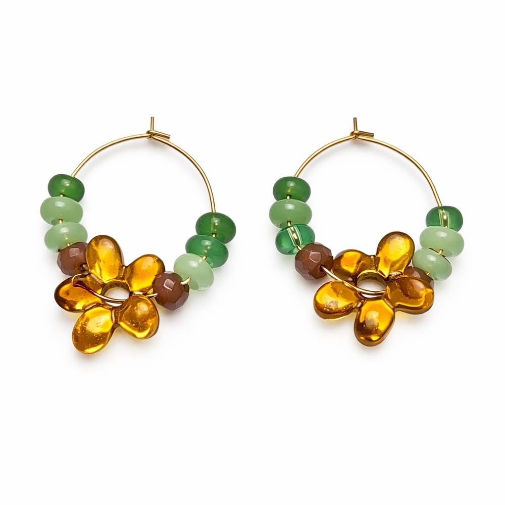 Gold Hoop Earrings with Amber Flower Charm and Green Beads